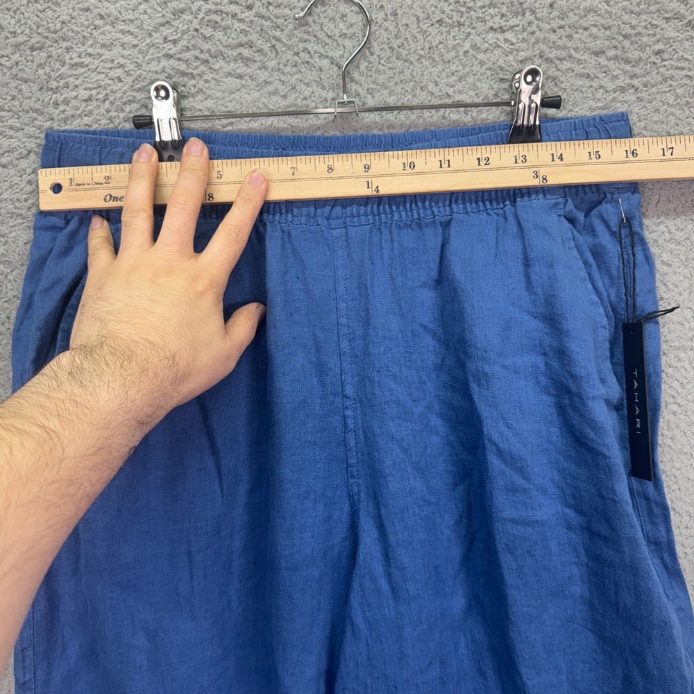 Tahari Pants Womens L Blue 100% Linen Wide Leg Cropped Beachy Resort Vacation - Picture 7 of 13